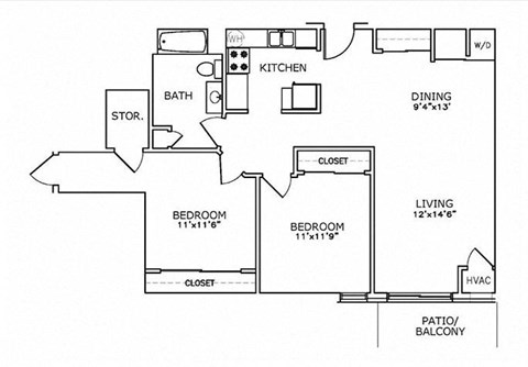 Floor plan for 2 beds, 1 bath, 886 sqft
